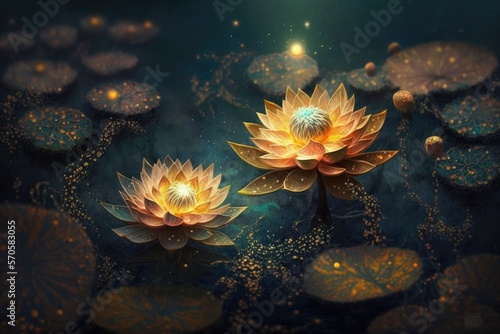 Magische Lotusblumen in einer fantasievollen Umgebung, generative KI photo