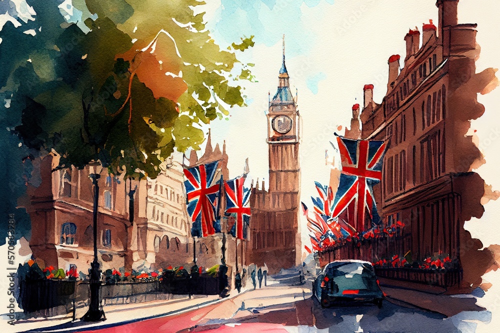 Digital watercolor painting of London street with Big Ben Tower on background. Generative AI
