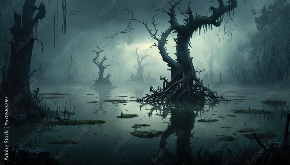 A dark, mist-shrouded swamp, dotted with twisted trees and gnarled roots. Generative AI