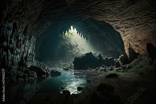 A dark and foreboding cave, filled with twisting, narrow passages and deep pools of inky water. Generative AI