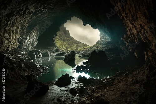 A dark and foreboding cave, filled with twisting, narrow passages and deep pools of inky water. Generative AI