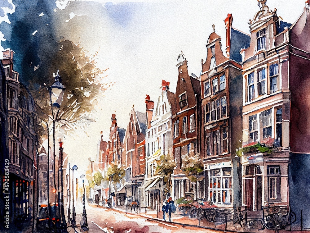 Watercolor painting of famous Amsterdam street. Generative AI