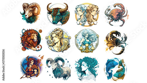 Collection Vector of Twelve Zodiac Astrological Signs in Cartoon Style on White Background