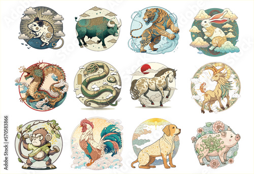 Collection Vector of Twelve Chinese Zodiac Year Astrological Signs Symbol in Cartoon Style on White Background photo
