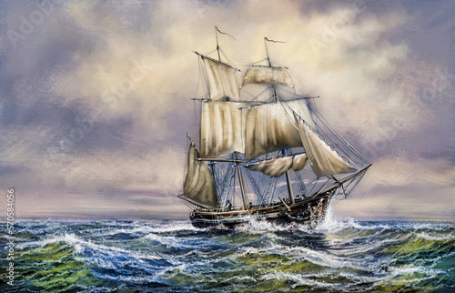 Old sailing ship in the sea. Beautiful seascape with a ship under sail, artwork, painting