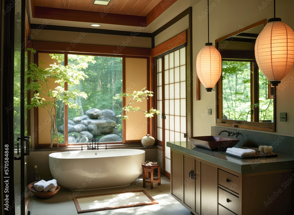 A Japanese inspired bathroom with a deep soaking tub and serene lighting, interior design - Generative AI A Japanese inspired bathroom with a deep soaking tub and serene lighting, interior design - Generative AI