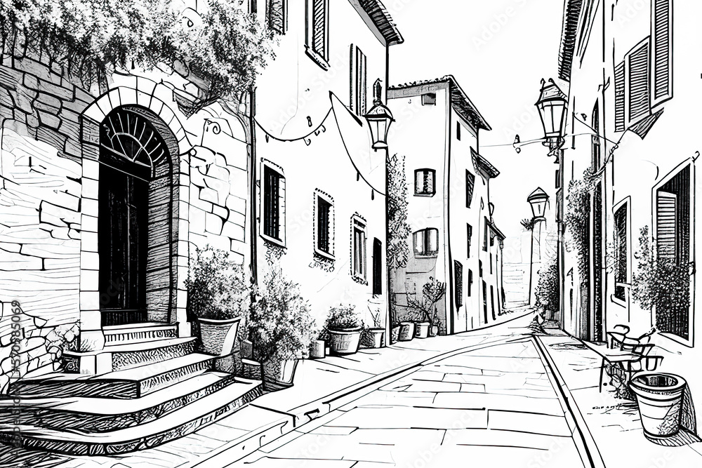 Italy. Street in Roma - sketch illustration for coloring book. - obrazy, fototapety, plakaty 