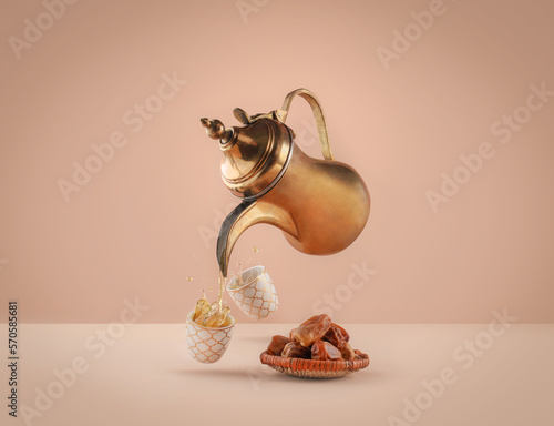 dallah is a metal pot with a long spout designed specifically for making Arabic coffee, Saudi coffee, arabic coffee and dates.