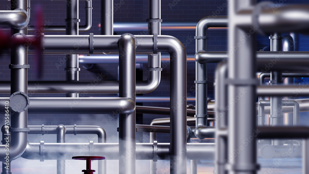 Industrial pipes. Tangled pipeline with steam. Industrial background. Steel pipes in boiler room. Industrial background for advertising. Pipes inside chemical plant or factory. 3d image.