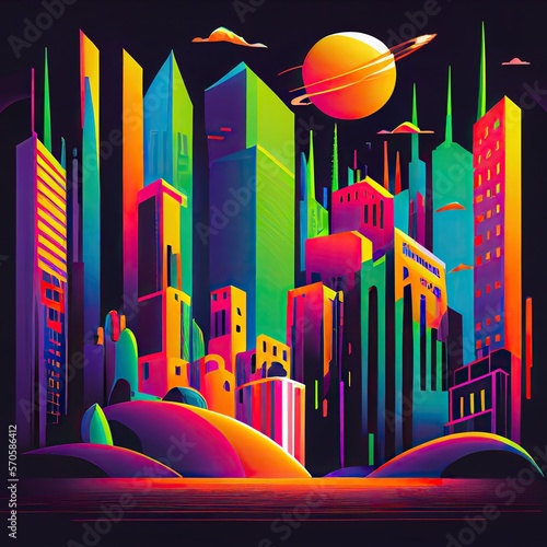 Flat illustration of futuristic city in neon colors. Generative AI