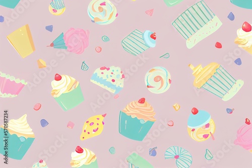 Flat illustration of set of colorful cupcakes and candies. Generative AI