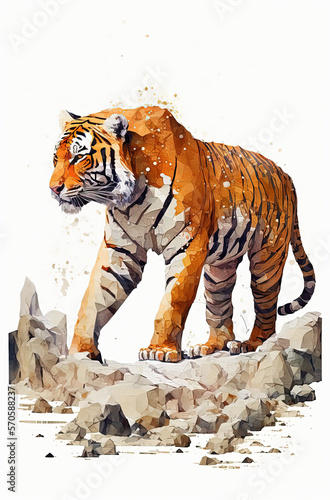 A watercolor painting of tiger in the middle of a big white field on white background. Generative AI.
