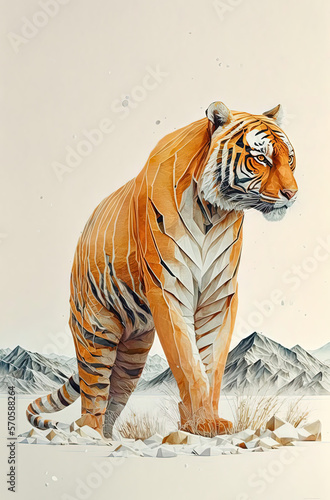 A watercolor painting of tiger in the middle of a big white field on white background. Generative AI.
