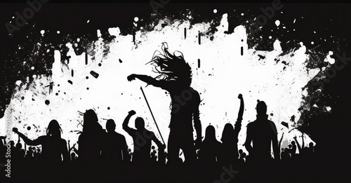 A silhouette black and white minimalist art of a metal concert mosh pit, crowd, headbang. Generative AI