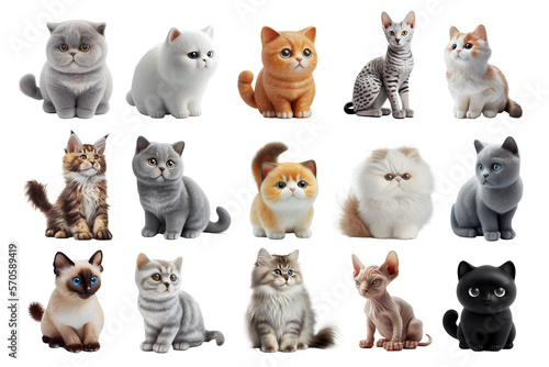 Collection of different cat breeds, cute kitten illustration. Generative AI photo