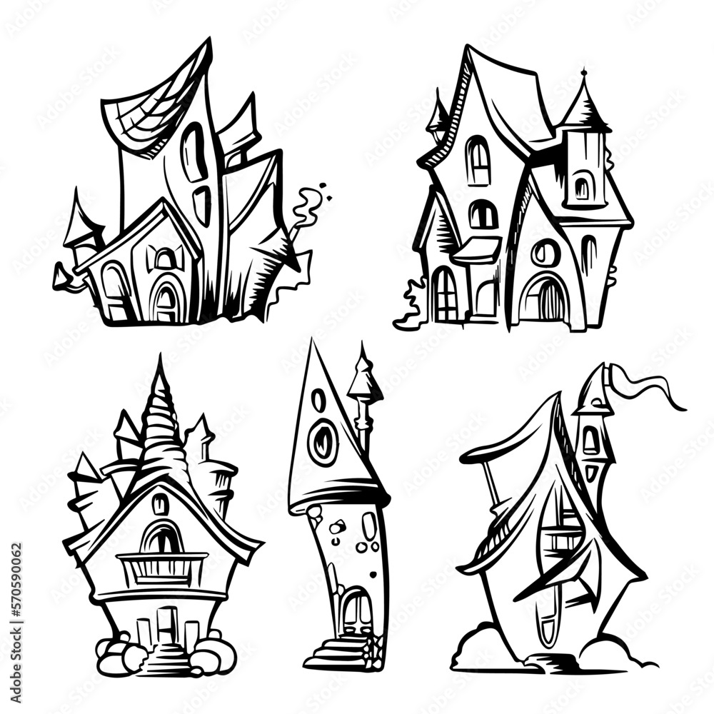 Fantasy tower castle in doodle style. Linear drawing in black ink made by hand. Vector graphics on a white background.