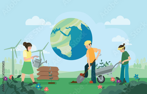 Volunteering, charity social concept. Volunteer people plant trees in city park, Young people care about the environment  in nature for greener the world environment