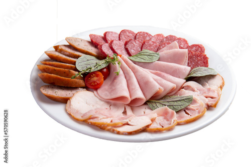 Meat delicacies in a plate. Transparent.