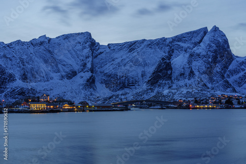 Natural landscapes in winter at dusk in Reine village, one of the most popular village in Lofoten Islands, Norway