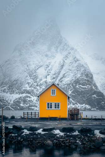 Natural landscapes in winter at dusk in Reine village, one of the most popular village in Lofoten Islands, Norway