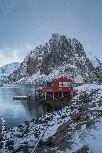 Natural landscapes in winter at dusk in Reine village, one of the most popular village in Lofoten Islands, Norway