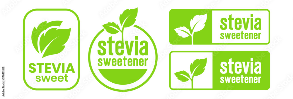 Stevia label set. Stevia sweetener. Sugar substitute. 100% natural stevia. Eco, organic and bio icon. Vector illustration.