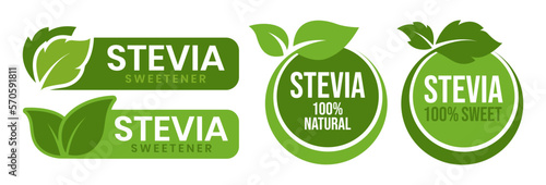 Stevia label set. Stevia sweetener. Sugar substitute. 100% natural stevia. Eco, organic and bio icon. Vector illustration.