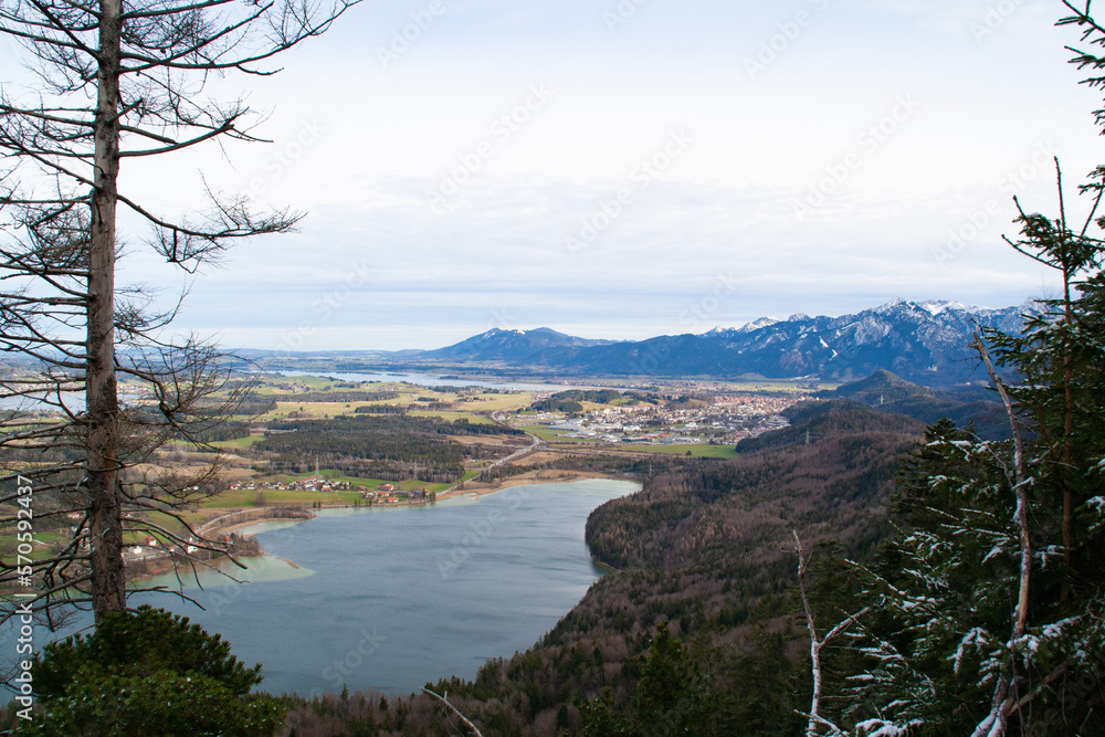 Fuessen, Germany - January 14th 2023: Panoramic view over Bavarian lakes