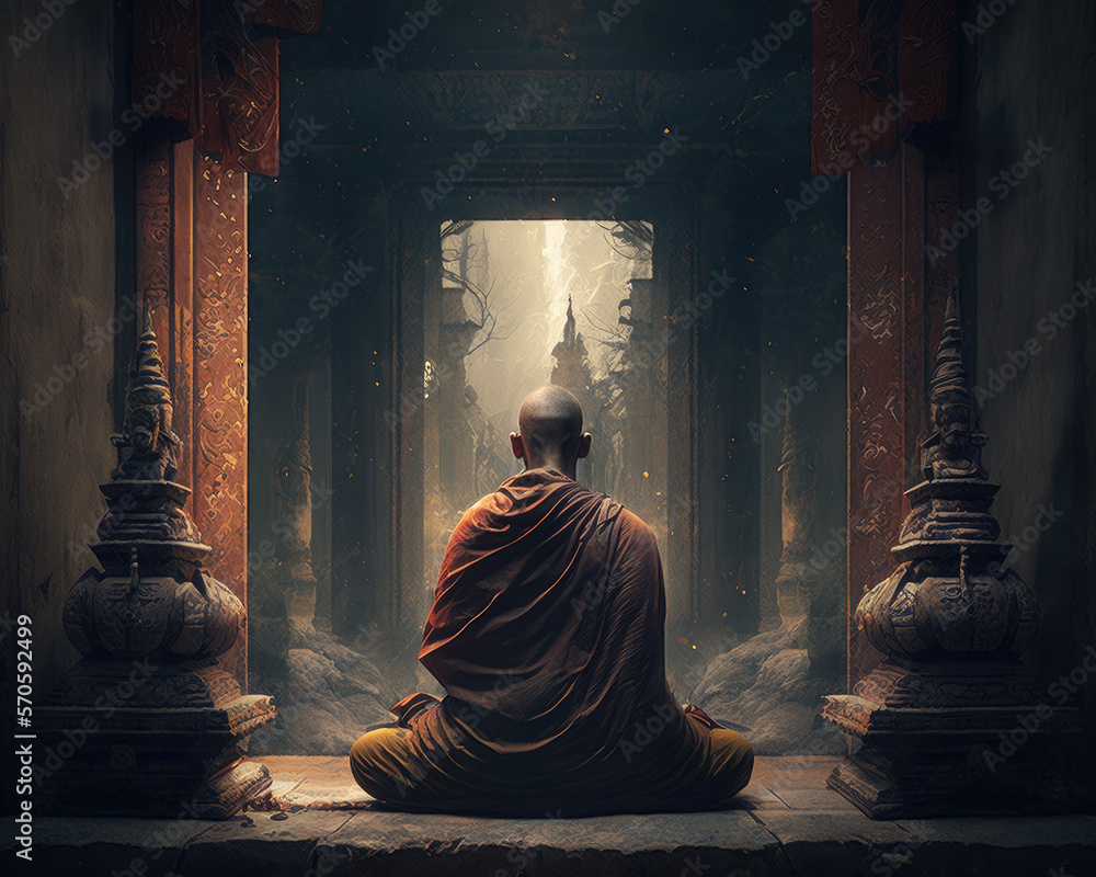 Monk in the lotus position in the temple. Generative AI. - obrazy, fototapety, plakaty 
