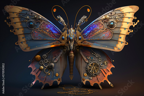 magic steampunk fantasy butterfly on dark blue background, generative ai photo