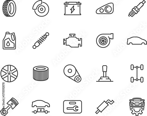 Vector set of auto parts line icons. Contains icons tire, alloy wheel, car battery, suspension, disc brake, spark plug, engine oil, gearbox, piston and more. Pixel perfect.