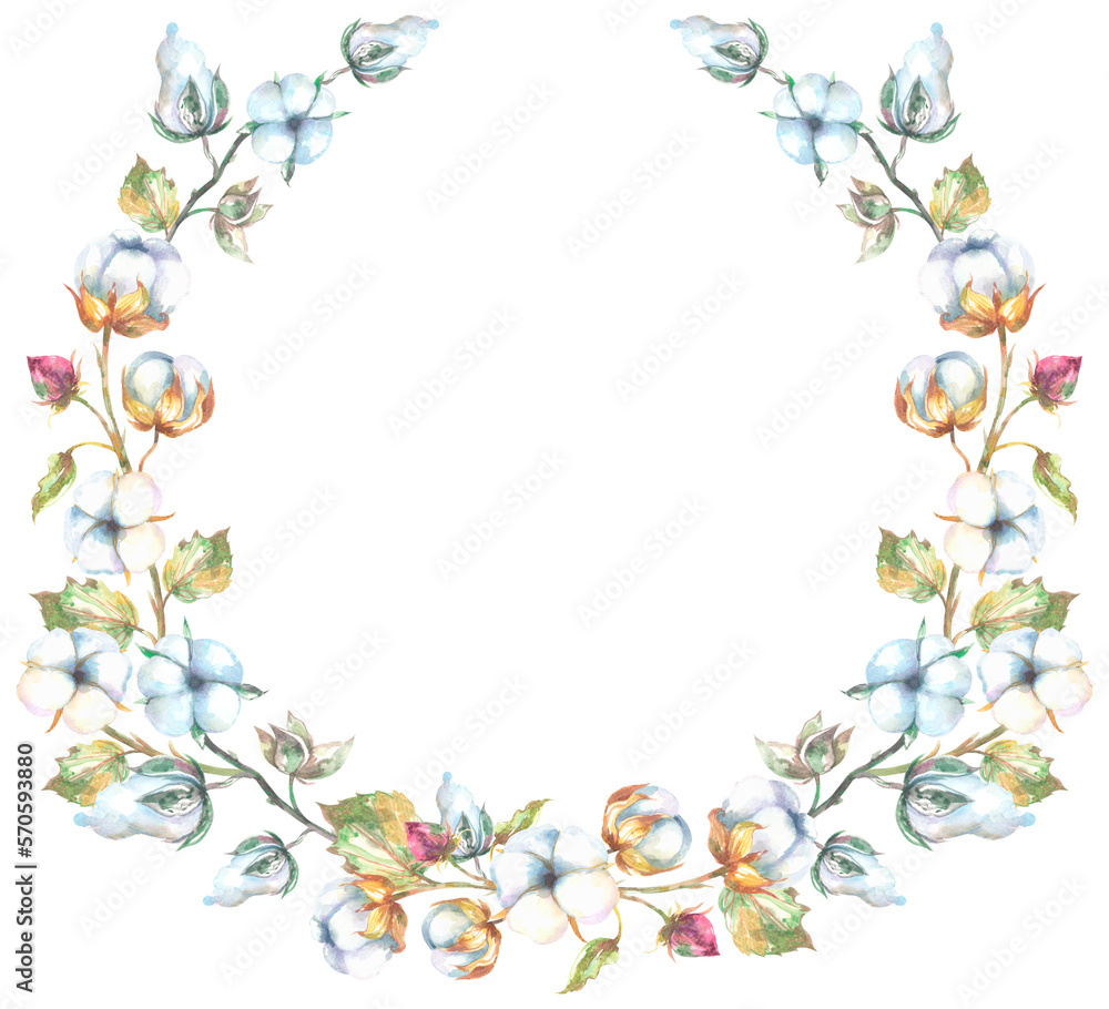 Fototapeta premium Watercolor round frame with cotton