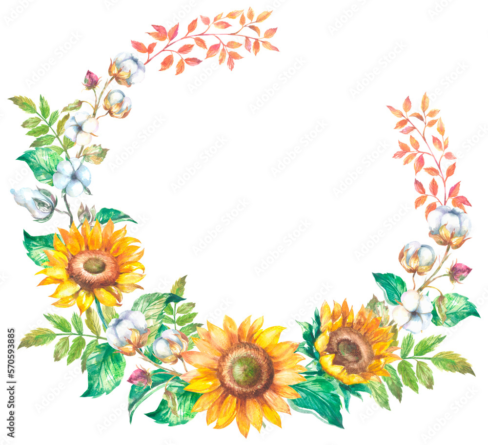 Watercolor round frame with sunflowers and cotton Watercolor round frame with sunflowers and cotton