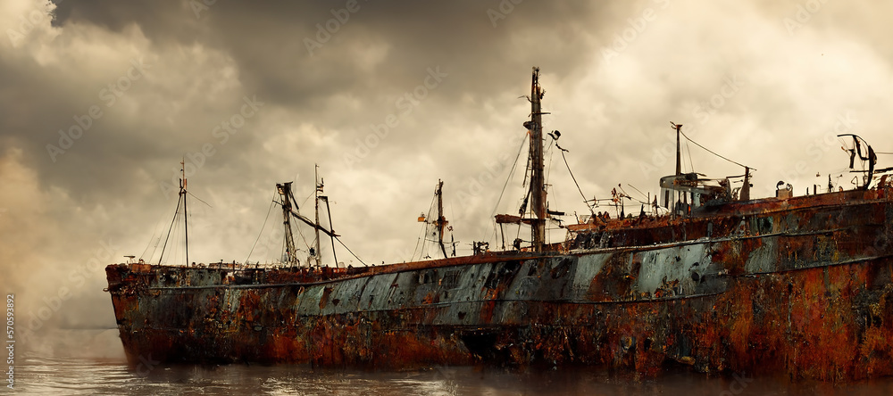 Fototapeta premium abandoned old sea ship, rusty and broken with Generative AI Technology