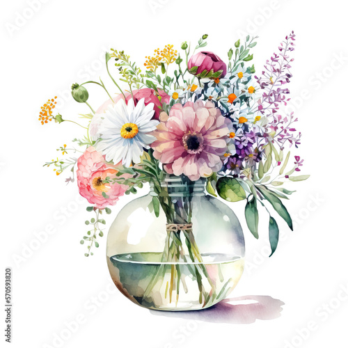 Fototapeta Naklejka Na Ścianę i Meble -  Flowers watercolor painting, glass jar with garden flowers and leaves, greeting card, invitation, poster, wedding decoration and other images. Generative AI