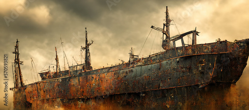 abandoned old sea ship, rusty and broken with Generative AI Technology © Nindya