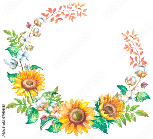Watercolor round frame with sunflowers and cotton