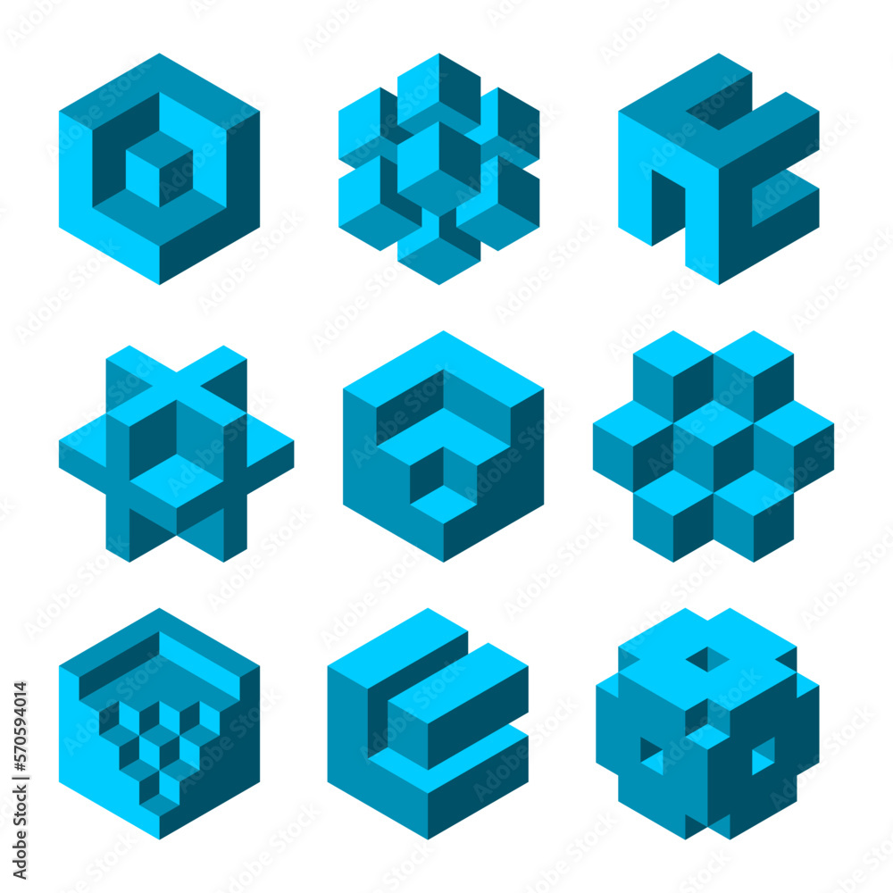 Vecteur Stock Blue geometric cube shapes set. Group of 9 abstract hexagon  objects. Cross, room, stairs, diamond. Business logo template. Geometry  design element. Isometric block. Vector illustration, 3D, clip art. | Adobe  Stock