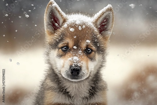 Cute wolf baby playing in winter snow portrait Generative AI © Suleyman
