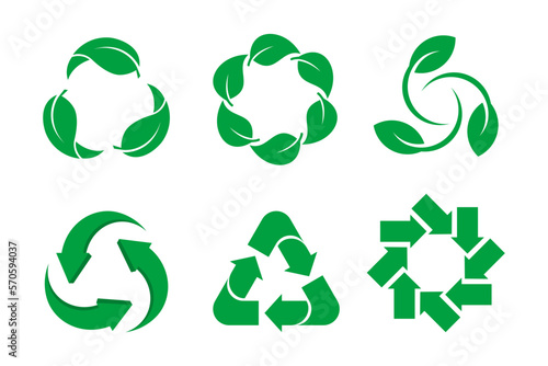 Sustainability icon set. Green arrows and leaves rotating. Recycling symbol group. Biodegradable, compostable, renewable natural material. Reduce, reuse, recycle. Vector illustration, flat, clip art. 