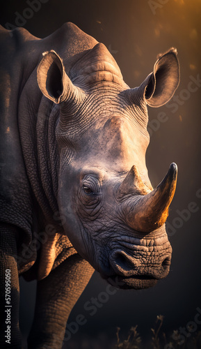 Portrait of a beautiful Rhino during golden hour. Beautiful wildlife and family photos  wallpaper  poster created with help of generative ai. 