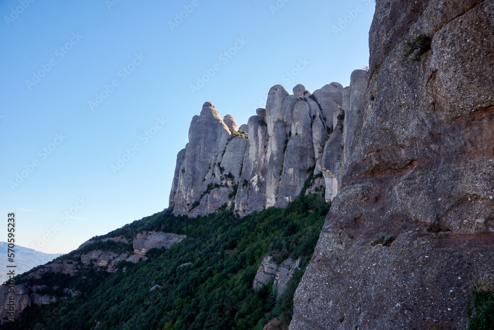 Montserrat multi-peaked mountain range on a sunny day in Catalonia, Spain