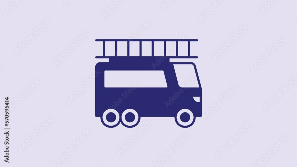 Blue Fire truck icon isolated on purple background. Fire engine. Firefighters emergency vehicle. 4K Video motion graphic animation