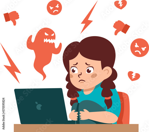 Flat vector illustration. The concept of dangerous materials for children on the Internet. A Little frightened girl looks at the monitor screen 