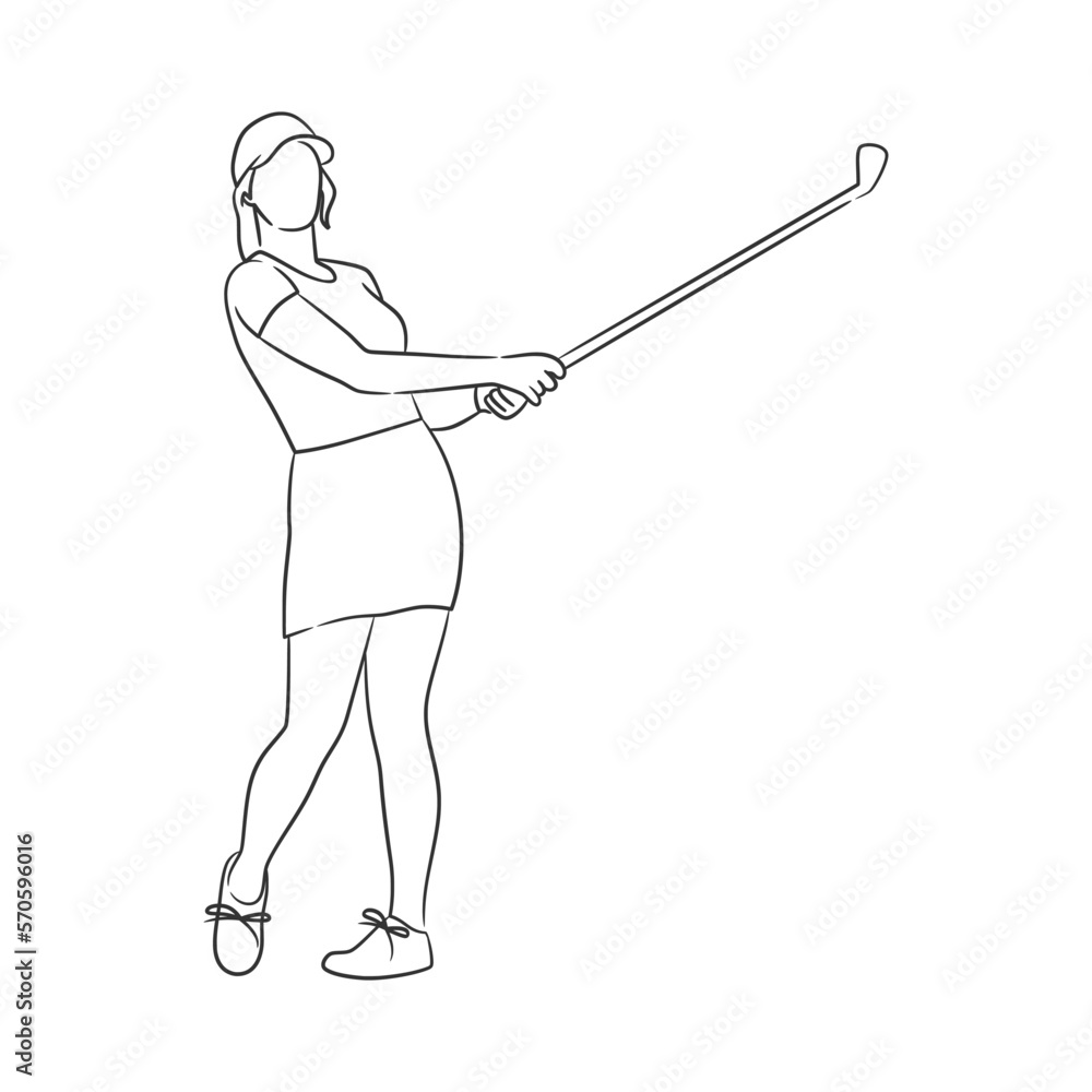 Line art drawing of golfer, Women playing golf illustration