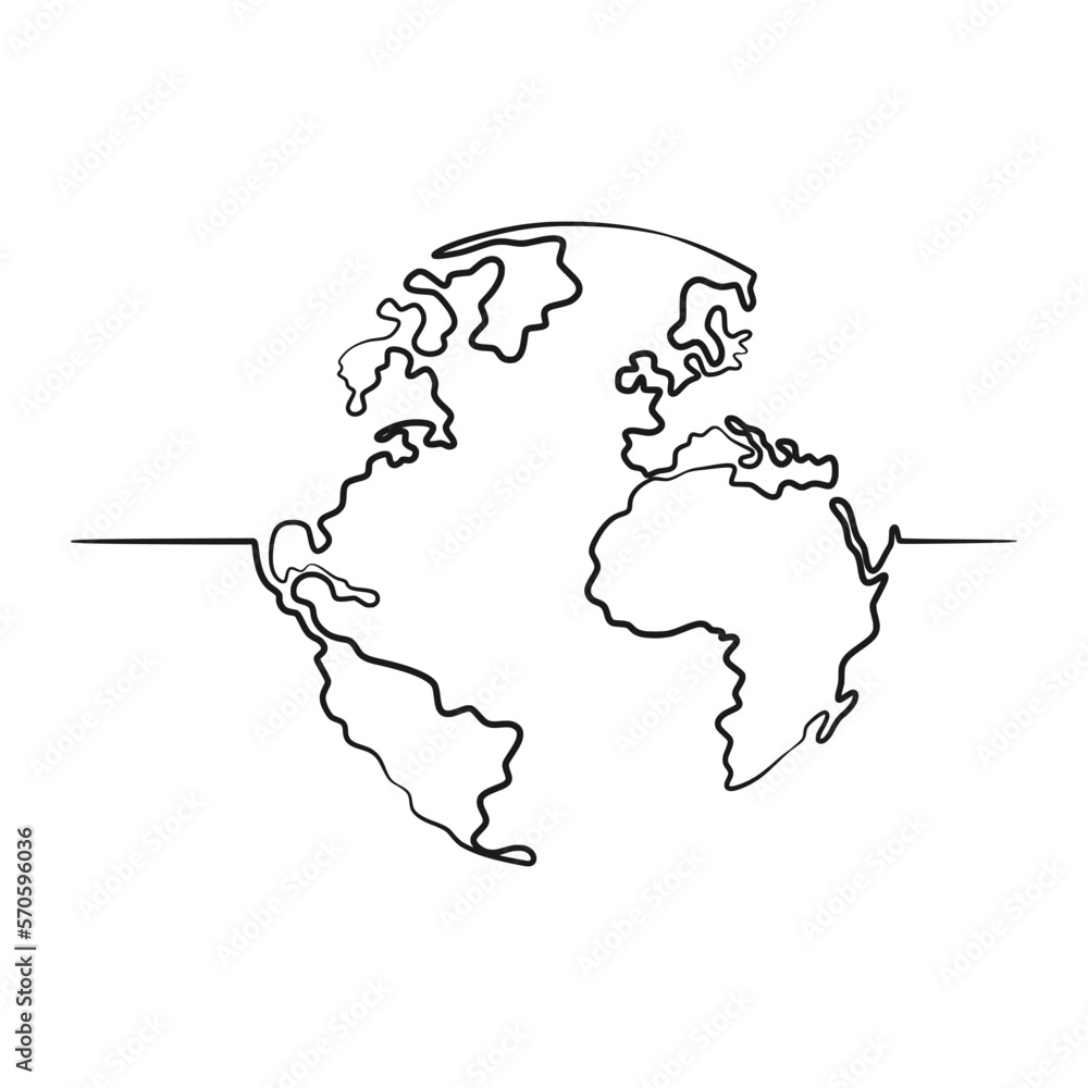 Earth continuous one line drawing vector illustration. World map one line art