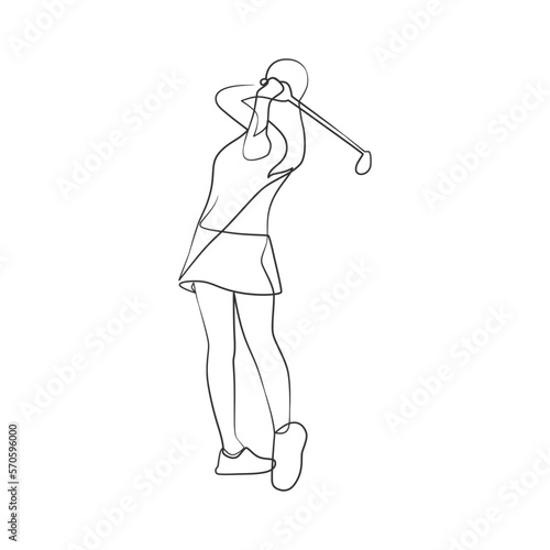 Continuous line drawing of golfer, Women playing golf