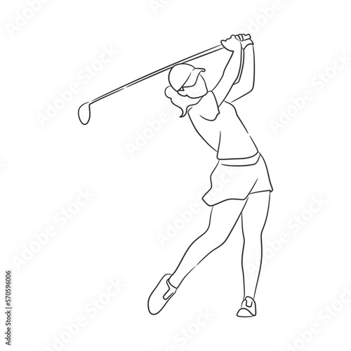 Line art drawing of golfer, Women playing golf illustration