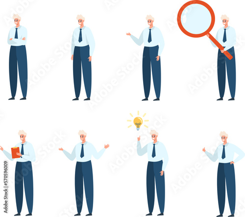 A set of vector characters. Male businessman in different situations. Standing guy, hands on chest, magnifying glass, idea