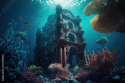 Ruined city underwater. Underwater ancient city in the depths of the ocean. Atlantis lost world. ancient sunken architecture. Generative AI